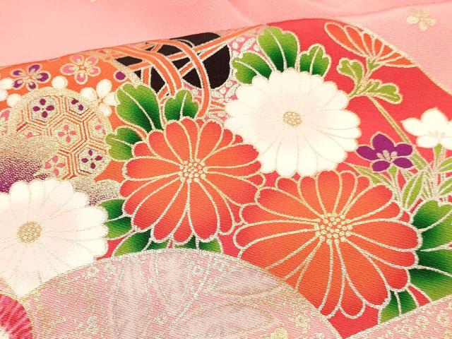 平和屋着物[]七五三　女の子　７歳　祝着　四つ身　袋帯・小物セット　地紙重ね花文　暈し染め　金銀彩　逸品　DABC5313ma