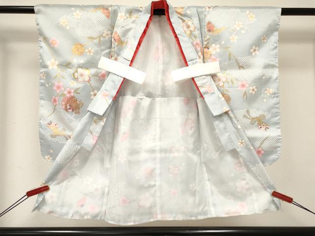 平和屋着物[]七五三　女の子　３歳　祝着　三つ身　長襦袢(単衣)・被布・草履・小物セット　鈴花文　金彩　箱付き　DABC5316ma