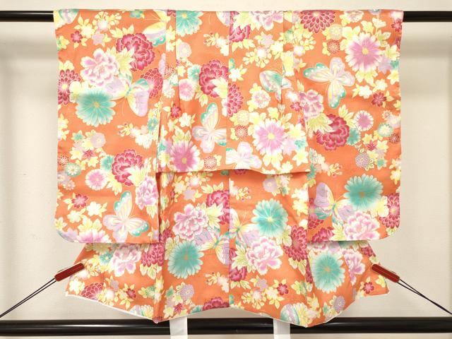 平和屋着物[]七五三　女の子　３歳　祝着　三つ身　長襦袢(単衣)・被布・草履・小物セット　花蝶文　金彩　箱付き　DABC5317ma