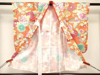 平和屋着物[]七五三　女の子　３歳　祝着　三つ身　長襦袢(単衣)・被布・草履・小物セット　花蝶文　金彩　箱付き　DABC5317ma