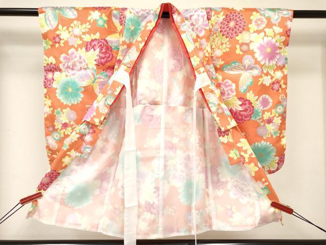 平和屋着物[]七五三　女の子　３歳　祝着　三つ身　長襦袢(単衣)・被布・草履・小物セット　花蝶文　金彩　箱付き　DABC5317ma