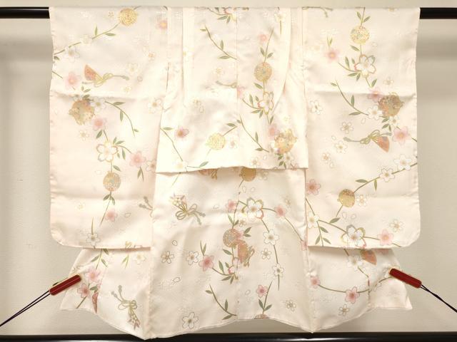 平和屋着物[]七五三　女の子　３歳　祝着　三つ身　長襦袢(単衣)・被布・草履・小物セット　扇面鈴花文　金彩　箱付き　DABC5318ma