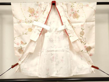 平和屋着物[]七五三　女の子　３歳　祝着　三つ身　長襦袢(単衣)・被布・草履・小物セット　扇面鈴花文　金彩　箱付き　DABC5318ma