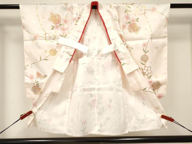 平和屋着物[]七五三　女の子　３歳　祝着　三つ身　長襦袢(単衣)・被布・草履・小物セット　扇面鈴花文　金彩　箱付き　DABC5318ma