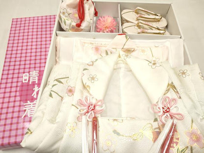 平和屋着物[]七五三　女の子　３歳　祝着　三つ身　長襦袢(単衣)・被布・草履・小物セット　扇面鈴花文　金彩　箱付き　DABC5318ma