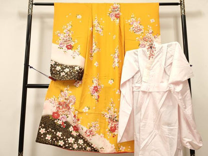 平和屋着物[]七五三　女の子　７歳　祝着　四つ身　長襦袢(単衣・半衿刺繍)セット　鞠花文　金彩　逸品　DABC5323ma