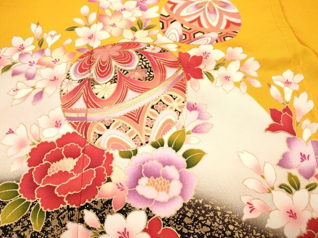 平和屋着物[]七五三　女の子　７歳　祝着　四つ身　長襦袢(単衣・半衿刺繍)セット　鞠花文　金彩　逸品　DABC5323ma