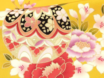 平和屋着物[]七五三　女の子　７歳　祝着　四つ身　長襦袢(単衣・半衿刺繍)セット　鞠花文　金彩　逸品　DABC5323ma