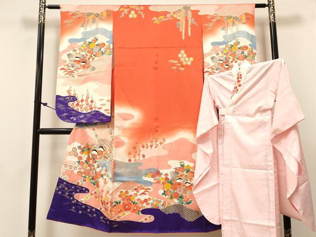 平和屋着物[]七五三　女の子　７歳　祝着　四つ身　長襦袢(無双仕立て・半衿刺繍)セット　鴛鴦花文　暈し染め　金彩　逸品　DABC5324ma