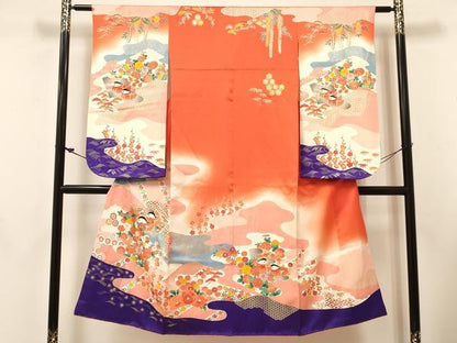 平和屋着物[]七五三　女の子　７歳　祝着　四つ身　長襦袢(無双仕立て・半衿刺繍)セット　鴛鴦花文　暈し染め　金彩　逸品　DABC5324ma