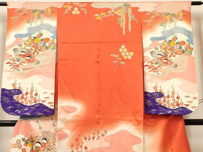 平和屋着物[]七五三　女の子　７歳　祝着　四つ身　長襦袢(無双仕立て・半衿刺繍)セット　鴛鴦花文　暈し染め　金彩　逸品　DABC5324ma