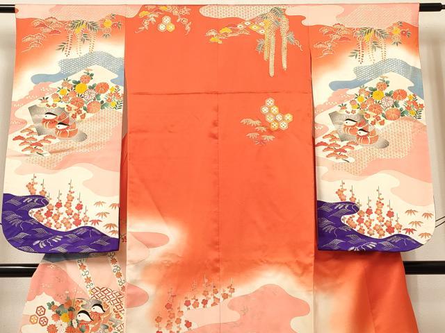 平和屋着物[]七五三　女の子　７歳　祝着　四つ身　長襦袢(無双仕立て・半衿刺繍)セット　鴛鴦花文　暈し染め　金彩　逸品　DABC5324ma