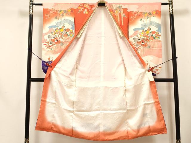 平和屋着物[]七五三　女の子　７歳　祝着　四つ身　長襦袢(無双仕立て・半衿刺繍)セット　鴛鴦花文　暈し染め　金彩　逸品　DABC5324ma