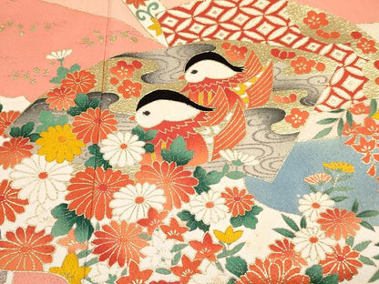 平和屋着物[]七五三　女の子　７歳　祝着　四つ身　長襦袢(無双仕立て・半衿刺繍)セット　鴛鴦花文　暈し染め　金彩　逸品　DABC5324ma