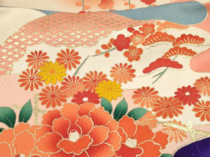 平和屋着物[]七五三　女の子　７歳　祝着　四つ身　長襦袢(無双仕立て・半衿刺繍)セット　鴛鴦花文　暈し染め　金彩　逸品　DABC5324ma