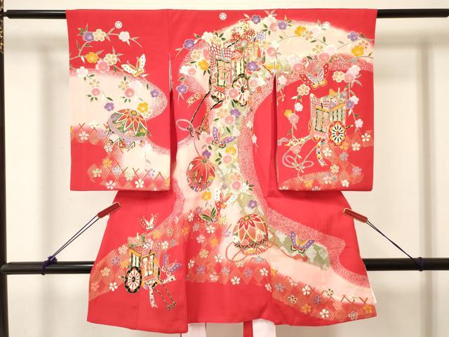 平和屋着物[]お宮参り　女の子　祝着　産着　初着　のしめ　御所車鞠花蝶文　暈し染め　金彩　逸品　DABC5337ma