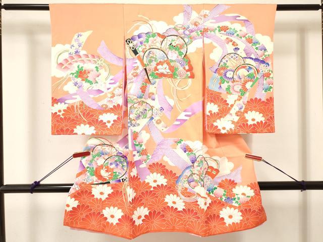 平和屋着物[]お宮参り　女の子　祝着　産着　初着　のしめ　駒刺繍　檜扇鼓孔雀花文　金彩　逸品　DABC5340ma