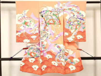 平和屋着物[]お宮参り 女の子 祝着 産着 初着 のしめ 駒刺繍 檜扇鼓孔雀花文 金彩 逸品 DABC5340ma