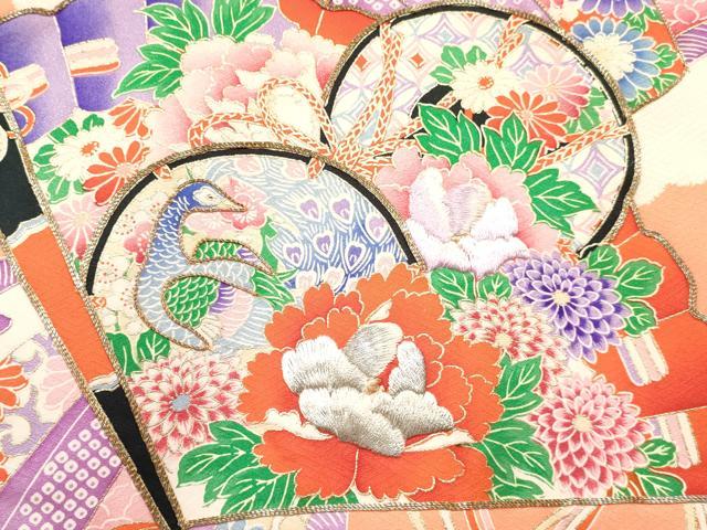 平和屋着物[]お宮参り　女の子　祝着　産着　初着　のしめ　駒刺繍　檜扇鼓孔雀花文　金彩　逸品　DABC5340ma