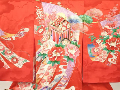 平和屋着物[]お宮参り　女の子　祝着　産着　初着　のしめ　駒刺繍　几帳御所車花文　金彩　逸品　DABC5341ma