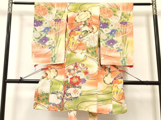 平和屋着物[]アンティーク　大正ロマン　お宮参り　女の子　祝着　産着　初着 のしめ 刺繍 乱菊 鼓花丸文 暈し染め 金彩　逸品　DABC5347ma