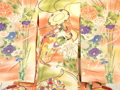 平和屋着物[]アンティーク　大正ロマン　お宮参り　女の子　祝着　産着　初着 のしめ 刺繍 乱菊 鼓花丸文 暈し染め 金彩　逸品　DABC5347ma