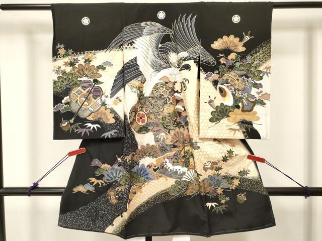 平和屋着物[]お宮参り　男の子　祝着　産着　初着　のしめ　鷹　鷲　龍　鼓扇面松文　暈し染め　金彩　逸品　未使用　DABC5352ma