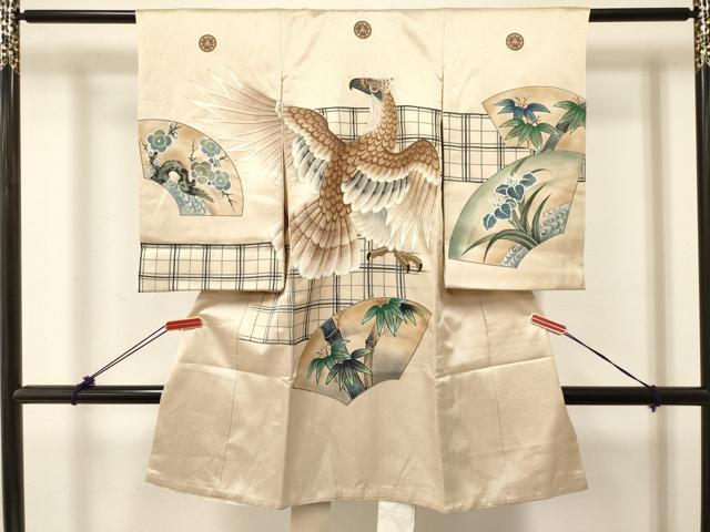 平和屋着物[]お宮参り　男の子　祝着　産着　初着　のしめ　鷹　鷲　地紙笹竹梅花文　暈し染め　金彩　逸品　DABC5355ma