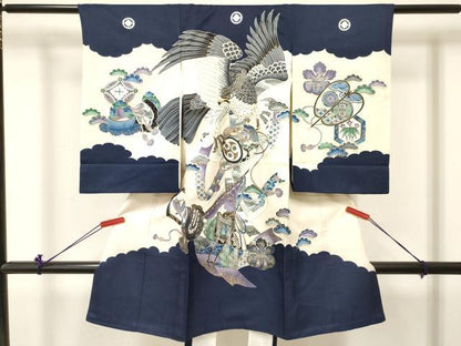 平和屋着物[]お宮参り　男の子　祝着　産着　初着　のしめ　鷹　鷲　几帳御所車松文　金彩　逸品　DABC5357ma