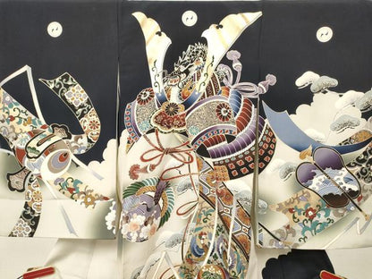平和屋着物[]お宮参り　男の子　祝着　産着　初着　のしめ　龍　兜　几帳吉祥花鳥文　暈し染め　金銀彩　逸品　未使用　DABC5358ma
