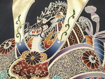 平和屋着物[]お宮参り　男の子　祝着　産着　初着　のしめ　龍　兜　几帳吉祥花鳥文　暈し染め　金銀彩　逸品　未使用　DABC5358ma