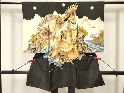 平和屋着物[]お宮参り　男の子　祝着　産着　初着　のしめ　刺繍　鷹　鷲　立波文　金彩　逸品　DABC5359ma