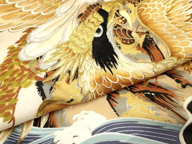 平和屋着物[]お宮参り　男の子　祝着　産着　初着　のしめ　刺繍　鷹　鷲　立波文　金彩　逸品　DABC5359ma