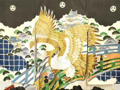 平和屋着物[]お宮参り　男の子　祝着　産着　初着　のしめ　刺繍　鷹　鷲　風景松文　金彩　逸品　DABC5362ma