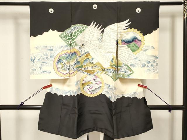 平和屋着物[]お宮参り 男の子 祝着 産着 初着 のしめ 駒刺繍 鷹 鷲 立波風景絵皿文 金彩 逸品 DABC5364ma