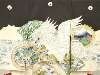 平和屋着物[]お宮参り　男の子　祝着　産着　初着　のしめ　駒刺繍　鷹　鷲　立波風景絵皿文　金彩　逸品　DABC5364ma
