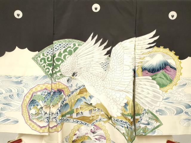 平和屋着物[]お宮参り 男の子 祝着 産着 初着 のしめ 駒刺繍 鷹 鷲 立波風景絵皿文 金彩 逸品 DABC5364ma