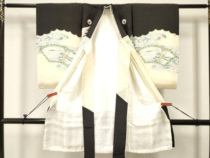 平和屋着物[]お宮参り　男の子　祝着　産着　初着　のしめ　駒刺繍　鷹　鷲　立波風景絵皿文　金彩　逸品　DABC5364ma