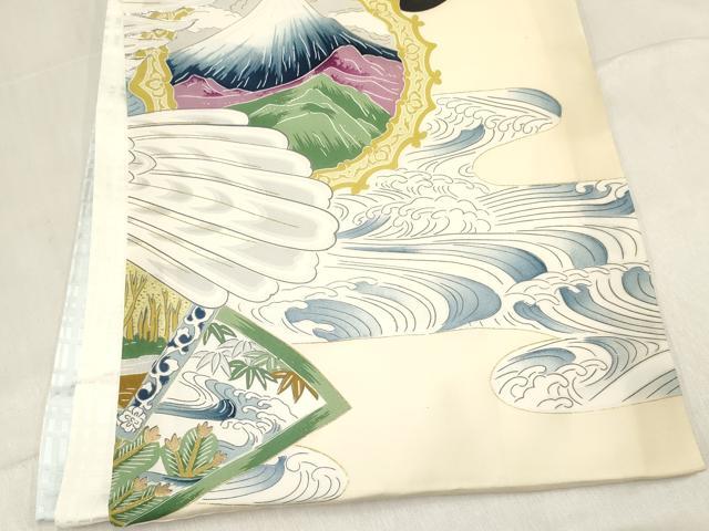 平和屋着物[]お宮参り　男の子　祝着　産着　初着　のしめ　駒刺繍　鷹　鷲　立波風景絵皿文　金彩　逸品　DABC5364ma