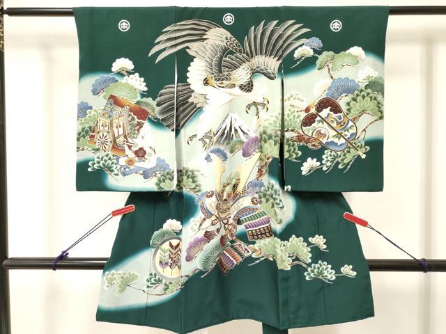 平和屋着物[]お宮参り　男の子　祝着　産着　初着　のしめ　鷹　鷲　龍　兜　風景松文　暈し染め　金彩　逸品　DABC5365ma