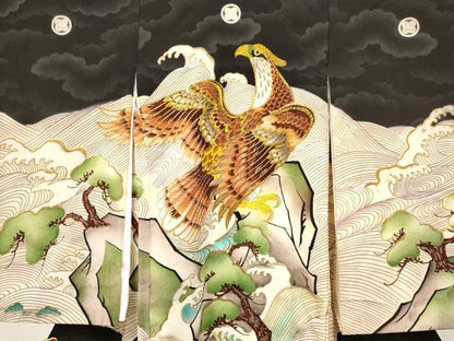 平和屋着物[]お宮参り 男の子 祝着 産着 初着 のしめ 刺繍 鷹 鷲 立波松文 金彩 洗える着物 DABC5366ma