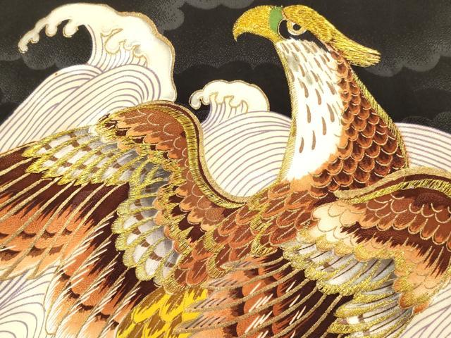 平和屋着物[]お宮参り　男の子　祝着　産着　初着　のしめ　刺繍　鷹　鷲　立波松文　金彩　洗える着物　DABC5366ma