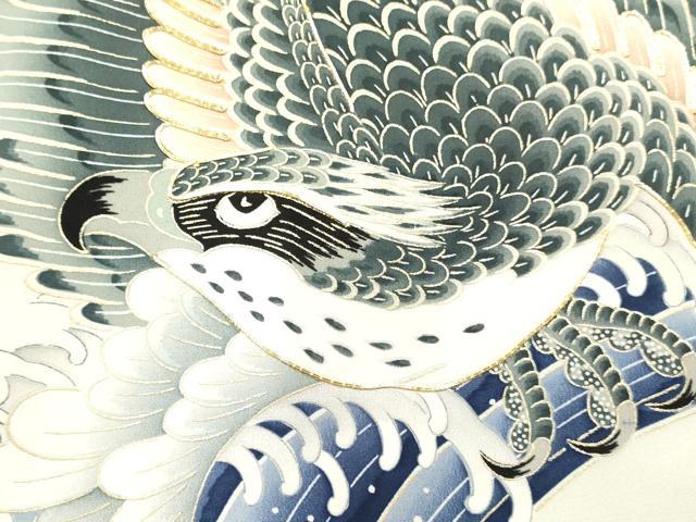 平和屋着物[]お宮参り　男の子　祝着　産着　初着　のしめ　駒刺繍　鷹　鷲　立波風景文　金彩　逸品　DABC5368ma
