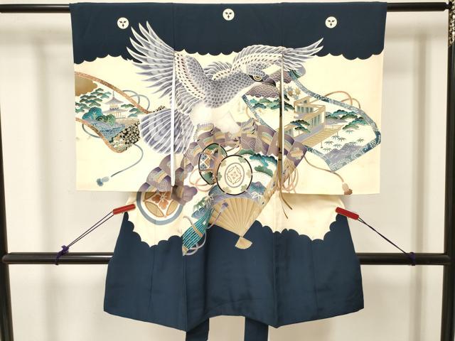 平和屋着物[]お宮参り　男の子　祝着　産着　初着　のしめ　鷹　鷲　器物笹松文　金銀彩　逸品　DABC5369ma