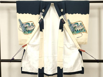平和屋着物[]お宮参り　男の子　祝着　産着　初着　のしめ　鷹　鷲　器物笹松文　金銀彩　逸品　DABC5369ma