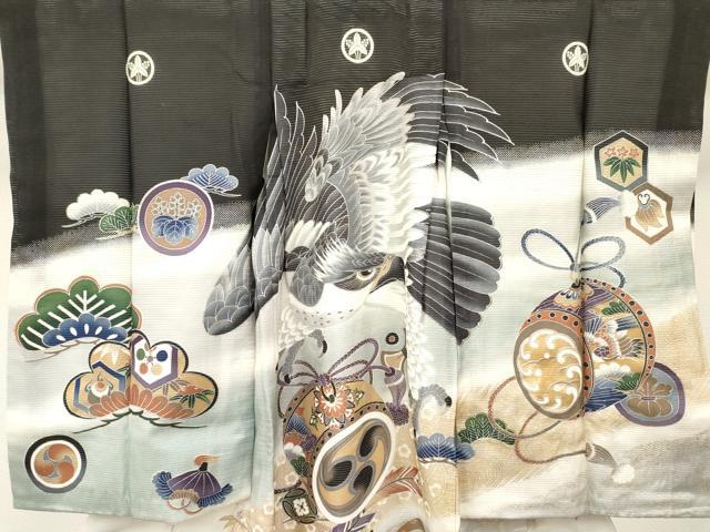 平和屋着物＊夏物 お宮参り 男の子 祝着 産着 初着 のしめ 絽 鷹 鷲 鼓松文 暈し染め 金銀彩 逸品 DABC5371ma