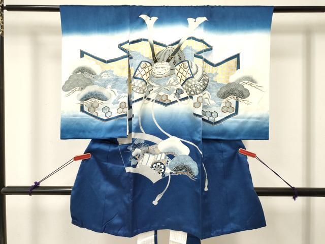 平和屋着物[]お宮参り　男の子　祝着　産着　初着　のしめ　唐獅子　兜　地紙御所車花松文　暈し染め　金彩　逸品　DABC5375ma