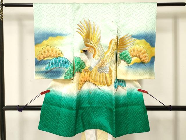 平和屋着物[]お宮参り 男の子 祝着 産着 初着 のしめ 刺繍 鷹 鷲 松文 暈し染め 金彩 逸品 DABC5376ma