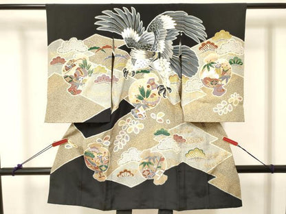 平和屋着物[]お宮参り　男の子　祝着　産着　初着　のしめ　駒刺繍　鷹　鷲　打ち出の小槌　笹松文　金銀彩　逸品　DABC5379ma