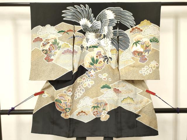 平和屋着物[]お宮参り　男の子　祝着　産着　初着　のしめ　駒刺繍　鷹　鷲　打ち出の小槌　笹松文　金銀彩　逸品　DABC5379ma